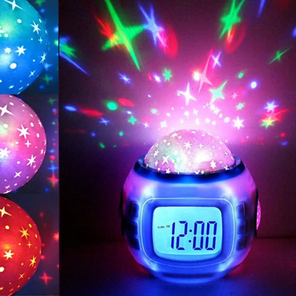 Kids Digital Alarm Clock Projection with Colorful Star Sky Music Led Calendar Thermometer Rotating Lamp Gift Backlight | Дом и сад
