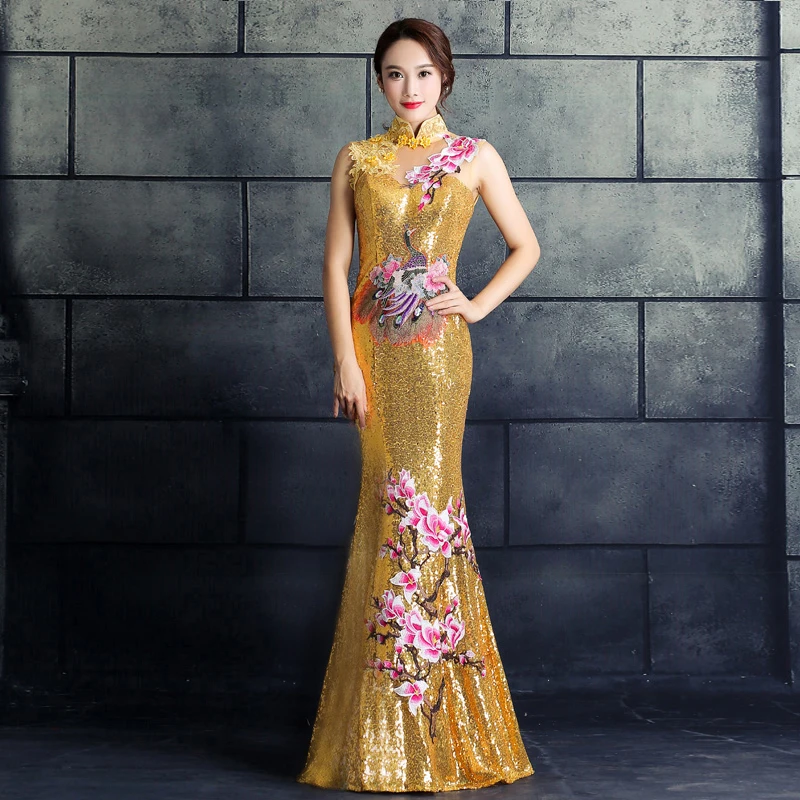 Темно-красный Для женщин Русалка Cheongsam Длинные вечерние платья с воротником