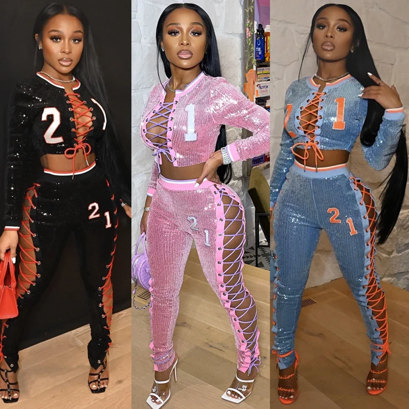 

Women Sexy Number Embroidery Hollow Out Tracksuit Lace Up Sequins 2 Two Piece Set Fashion Streetwear Club Party Outfit Outwear