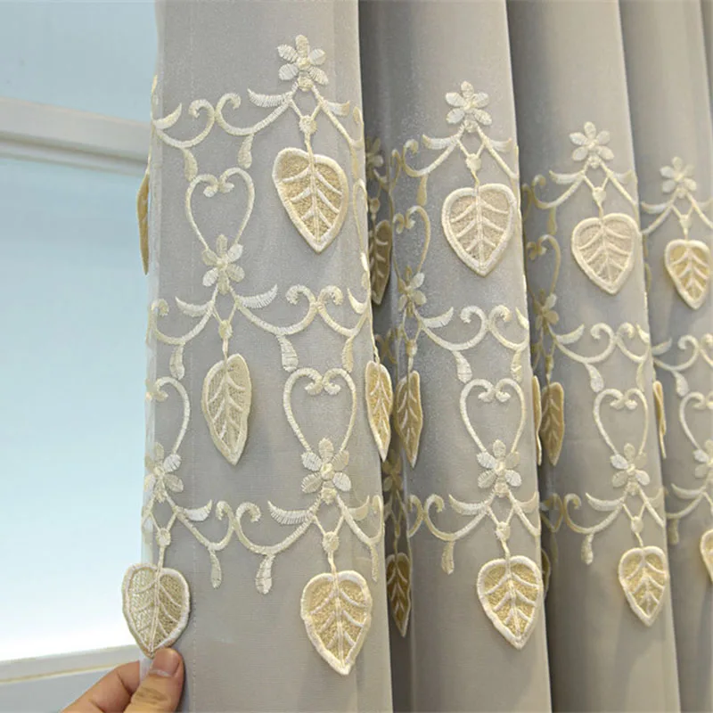 

European 3D Leaf Embossed Embroidered Tulle Curtain Pure Color Polyester Blackout Double Curtains For Living Room Bedroom Custom