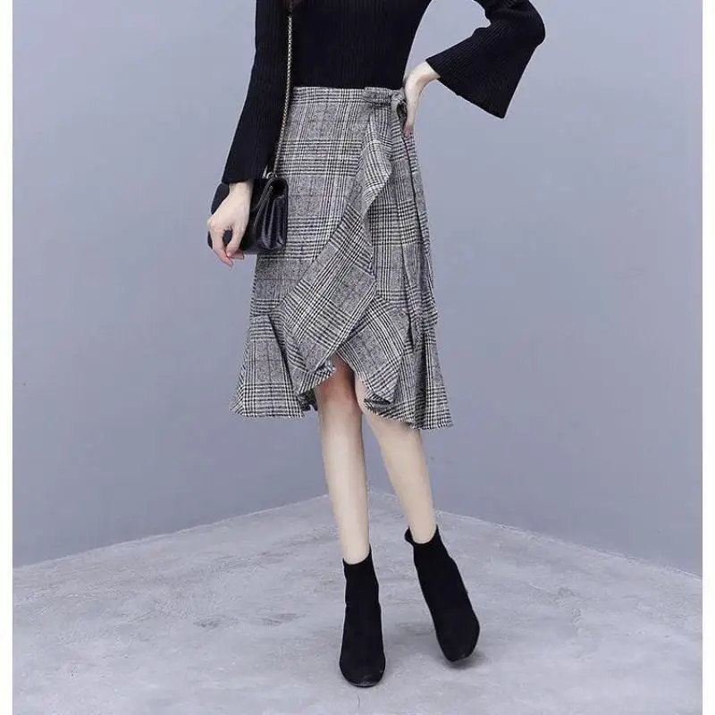 

2021 Spring & Autumn New Simple Plaid Fishtail Skirt High Waist Slimming Casual Fashion Women Irregular Long Skirt Free Shipping