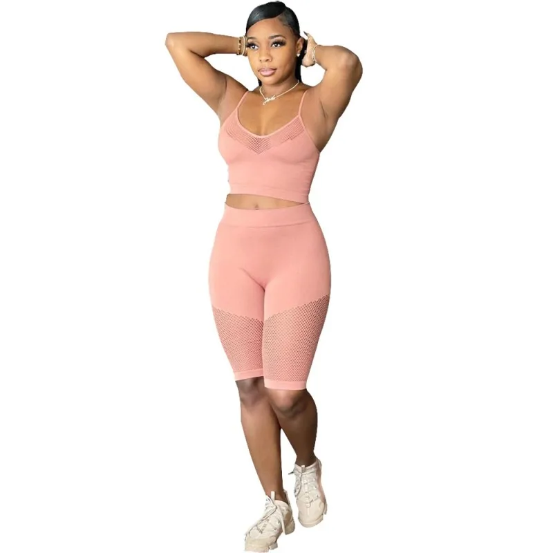 

Комплект из двух предметов, шорты, женская одежда, укороченный топ и обтягивающие шорты, модные сетчатые лоскутные сексуальные летние брючн...