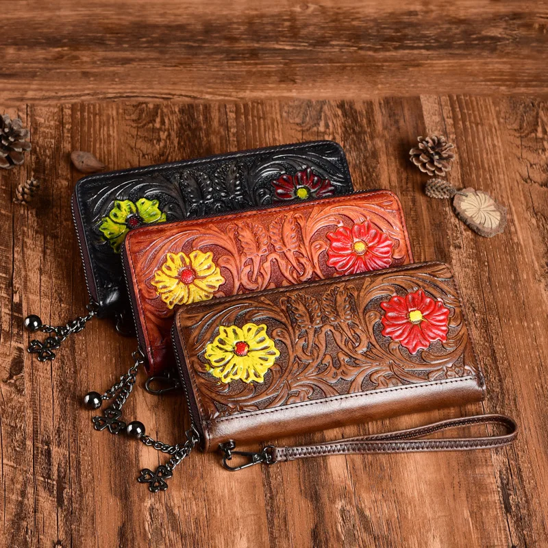 

2021 New Vintage Genuie Leather Women Wallet Handmade Embossing Long Hand Wallets Card Holder Lady Cowhide Purse