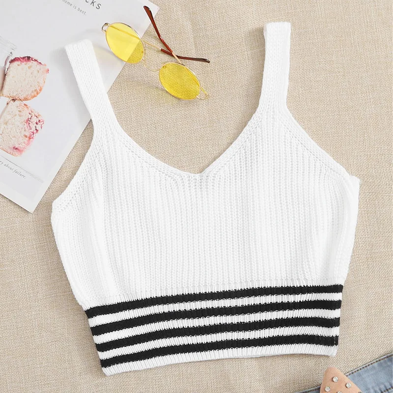 

Women Knit Tank Tops Vest Camis Sexy V Neck Sleeveless Striped Slim Fit Camisole Crop Top Female Clothes Summer Fashion 2021 New
