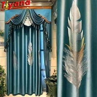 luxury blue large feathers embroidery curtains for living room semi blackout silk texture window drapes for bedroom x hm611vt