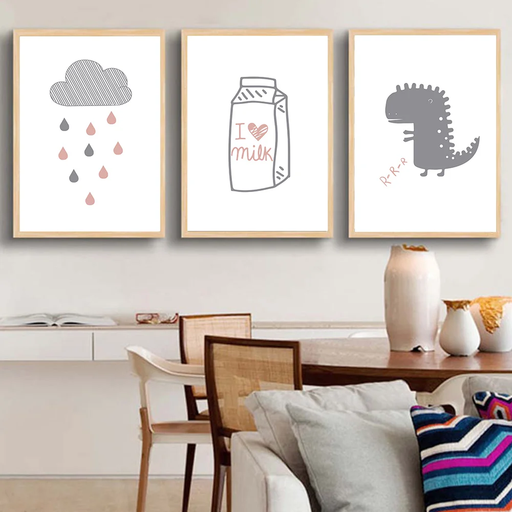 Мультфильм розовый динозавр скандинавский постер холст постеры с облаками и