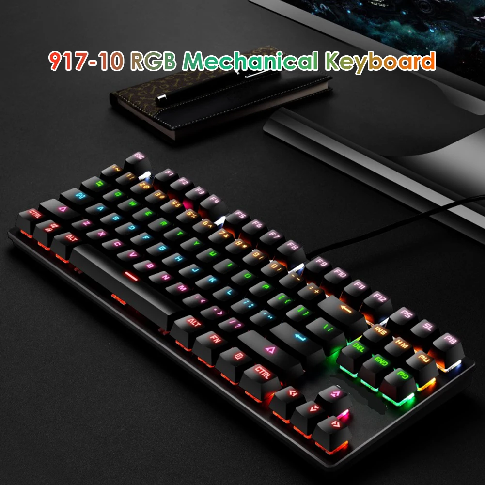 

Профессиональная ультратонкая механическая клавиатура 917-10 87 клавиш USB Проводная Синяя подсветка офисная Механическая игровая клавиатура