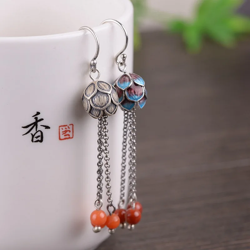 

Cloisonne Ear Rings S925 Sterling Silver Vintage Chinese Style Burnt Blue Lotus Bud Tassel Thai Silver Matte Southern Red Agate