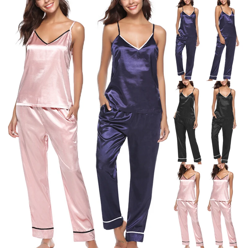 

Summer Women's Silk Satin Pajamas Pyjamas Set Sleeveless Sleepwear Pijama Pajamas Suit Nightwear
