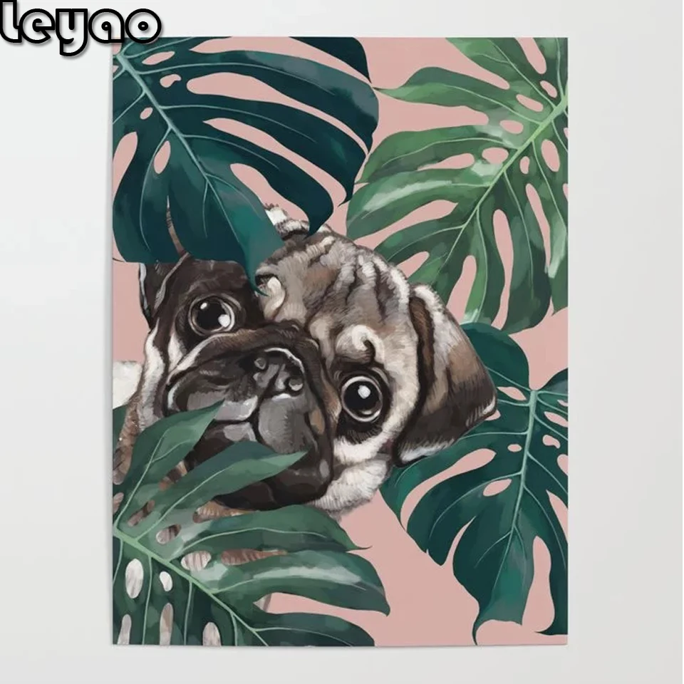 

Алмазная живопись 5d мопс, Алмазная мозаика, картины, настенное искусство, животные, ботаническая Алмазная вышивка, лист для прикроватной ту...