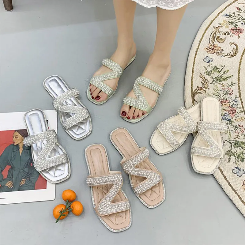 

2020 Summer Women's Flat Slippers Woman Pearls Elegant Ladies Flip Flop Soft PU Women Outdoor Beach Shoes Female Slides