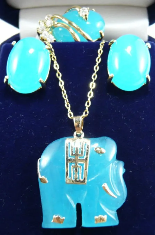 

wholesale noble blue Natural jade stud earrings ring(#6.7.8) elephant pendant jewelry set