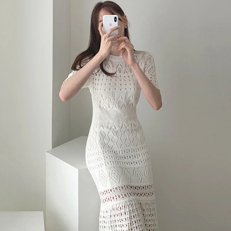 Корейский Chic открытое трикотажное платье Летние Элегантные платья для женщин с