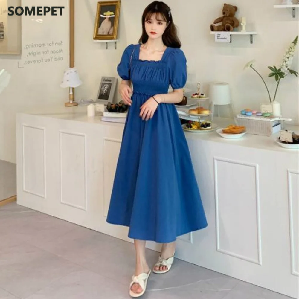

Short Sleeve Dress Women Summer Solid Pleated Square Collar Mid-calf Elegant Korean Simple Leisure Loose Preppy Womens A-line