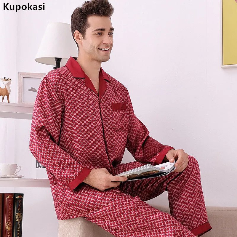 Kupokasi Summer Men Pajamas Plus Size Silk Pajamas Two-piece Suit Luxury Mulberry Silk Pajamas Plaid Home Service Sleep Wear