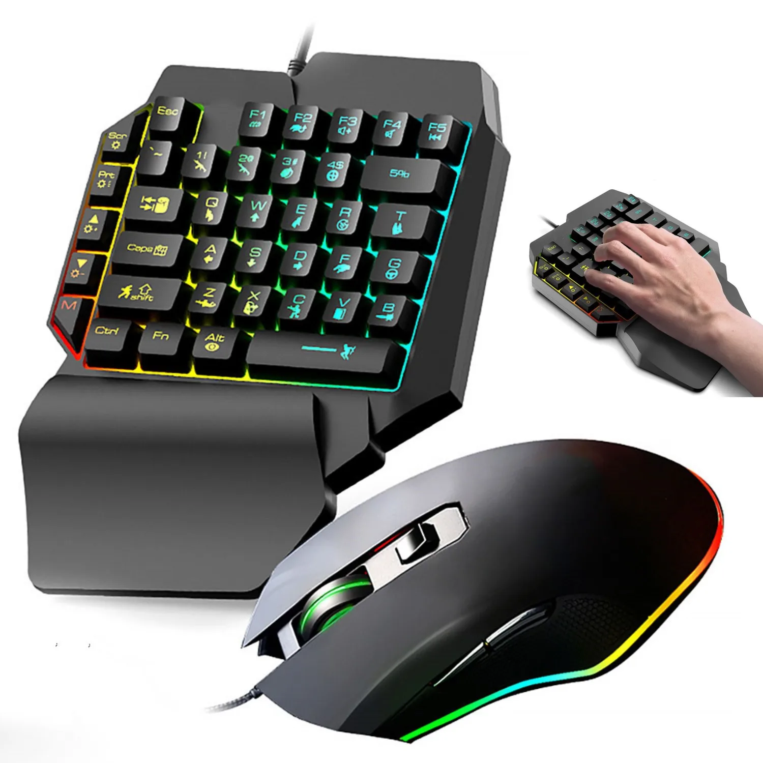 

Gaming Keyboard Mouse Professional Gamer Kit One Hand Keycaps USB Cable Ergonomic Multi Color LED Backlight 39 Key Keypad For PC