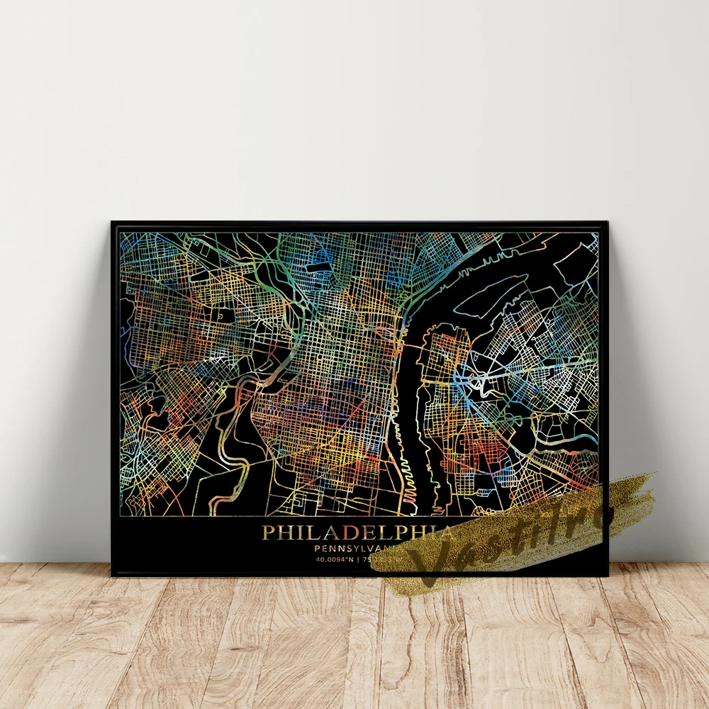 

Philadelphia Geographic Position Poster, America City Map Wall Art, Black Background Colour Line Art Prints, Bedroom Wall Decor