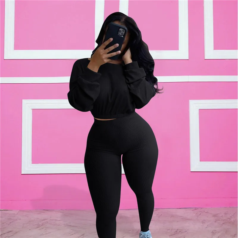

CHRONSTYLE 2020 New Autumn 2 Pieces Sets Long Sleeve O-neck Solid Casual T-shirt Outerwear Short Crop Tops High Waist Pants 2020