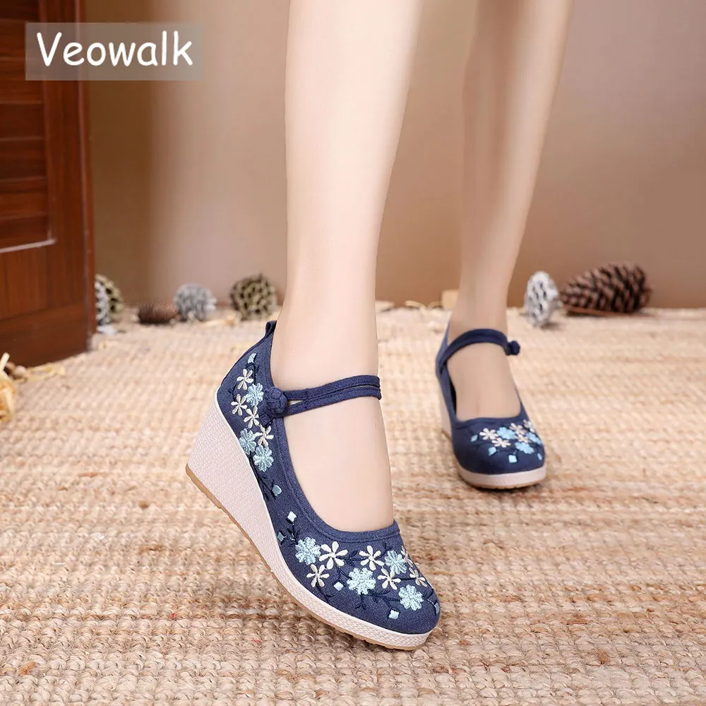 Женские холщовые туфли Veowalk на платформе в стиле ретро с вышивкой удобные женские