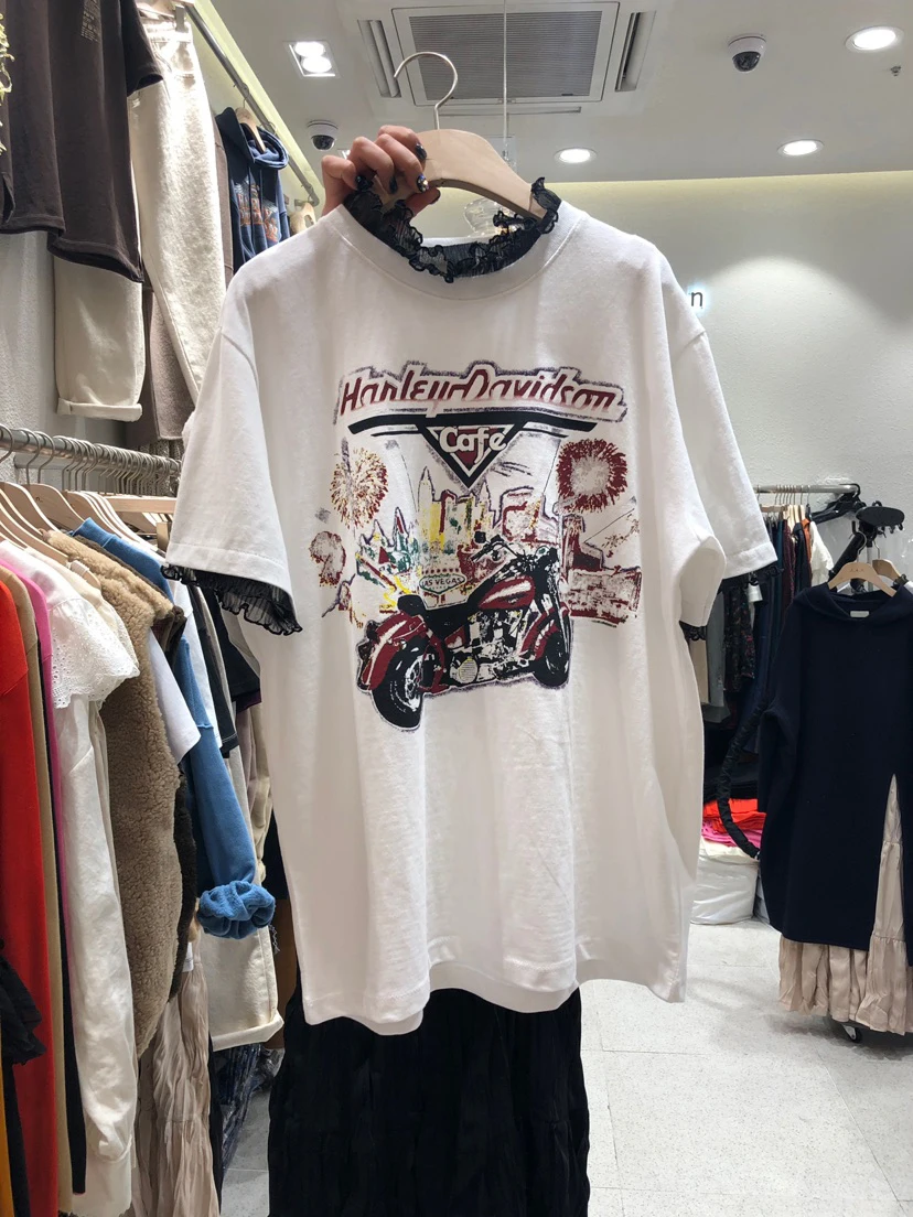 

Korean Style 2021 Spring/Summer New Printed Lace Collar Patchwork Short-Sleeved T-shirt Loose Printed Top Internet Celebrity Ins