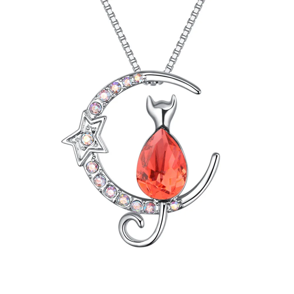 Украшенное кристаллами Сваровски женское ожерелье Звезда Луна Кот кристалл