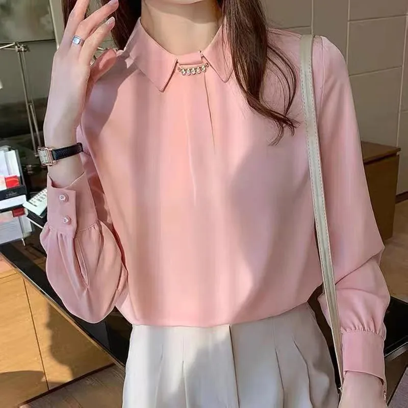 

SAYTHEN 2021 Korean Fashion Turn-Down Collar New Sweet Pink White Color Style Beaded Ladies Solid Chiffon Shirt
