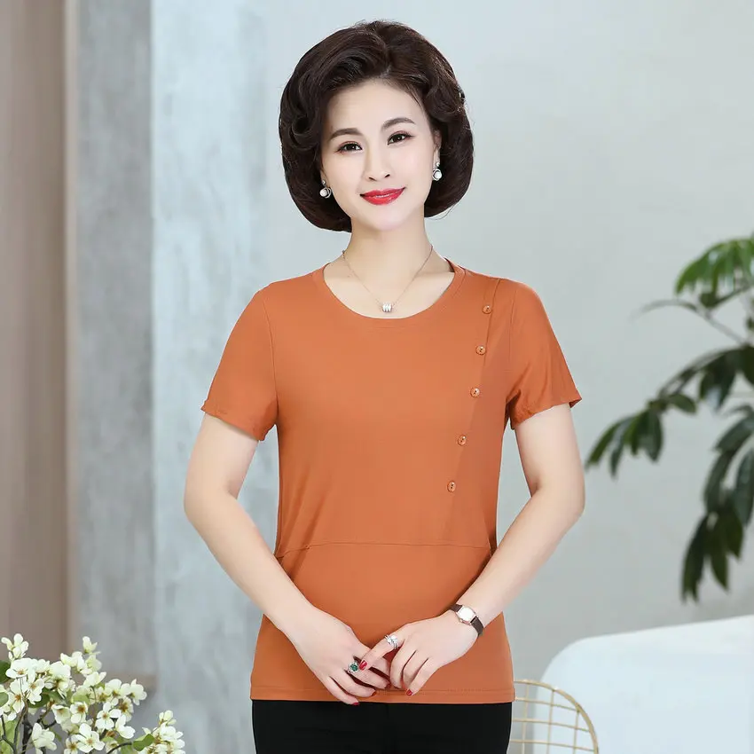 

Summer Orange Pink Green Red Cotton Blouse Middle Aged Women Side Button Design Top Short Sleeve O-Neck Leisure Clothes XXXXXL