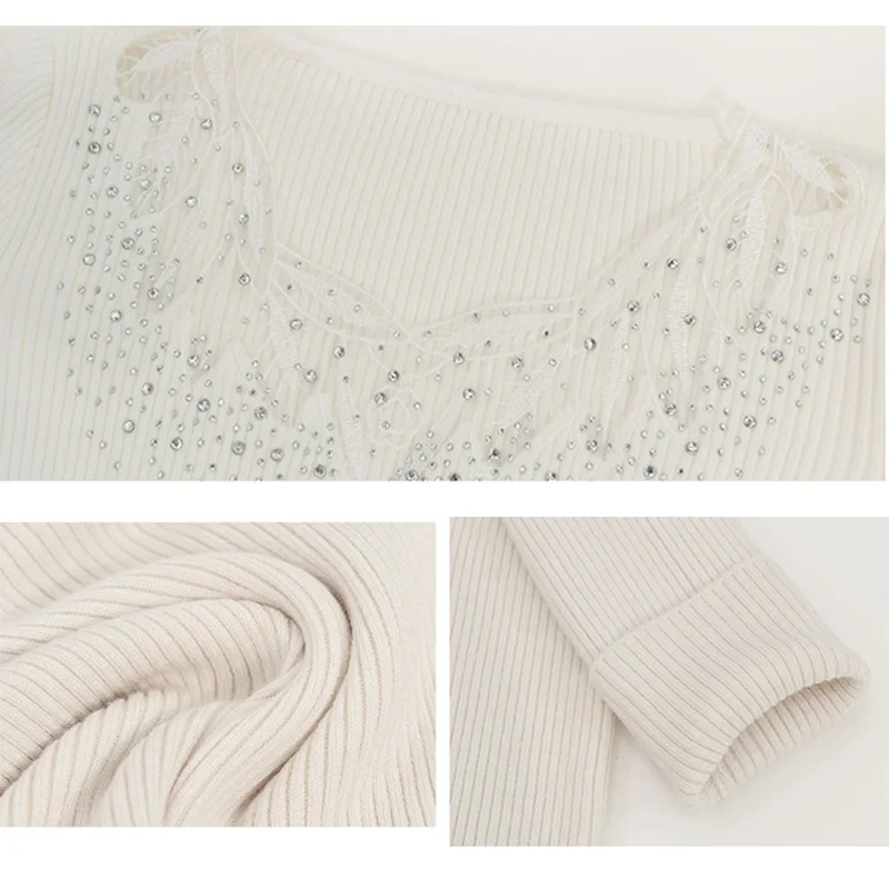 Sexy Lace V-neck Knit Sweater Female pullovers Tops Diamond Elastic Women 2020 Autumn Winter Fashion Jumper Pull Femme | Женская одежда