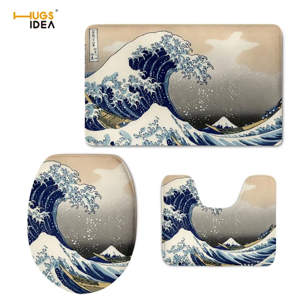 

HUGSIDEA Japan Style Wave Print 3Pcs Toilet Seat Cover Bathroom Non-slip Carpet Harajuku Wahable Streetwear Toilet Seat Casese