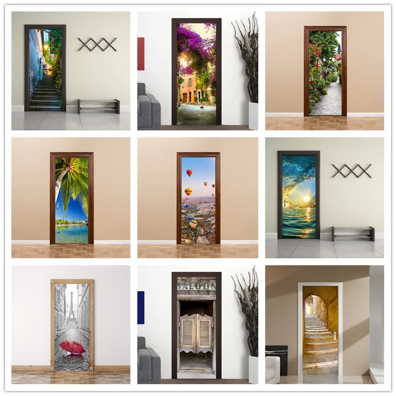 Rose Street двери обои ПВХ Приморская ладонь с нарисованным деревом Двери Плакат