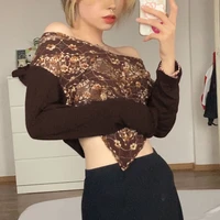 dourbesty 2000s fairycore lace floral brown sexy t shirts women crop tops aesthetic autumn pullovers vintage tees streetwear