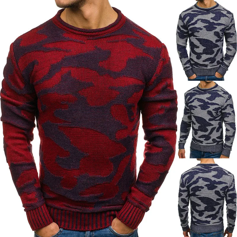 

2020 Autumn/winter Camo Round Neck Pull-over Sweater with Contrasting Colours Loose Christmas Outerwear Sweater