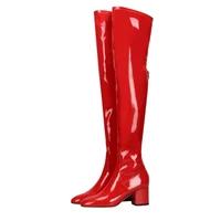 pointed toe chunky heel boots over the knee patent leather boots red black zipper fashion boots women casual winter basic boots