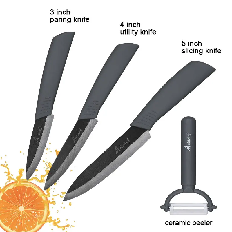 3 Gray Knife Set Кухонный нож, керамический нож, набор для приготовления пищи " 4" " 6" дюймов+ Овощечистка, черное лезвие, нож для очистки овощей и фруктов, нож для шеф-повара, кухонные инструменты - Цвет: 3 Gray Knife Set
