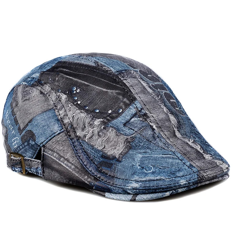 

Wholesale 2021 New Fashion Unisex Women Men Genuine Leather Hats Blue Gray Color Printing Graffiti Real Sheepskin Beret Cap