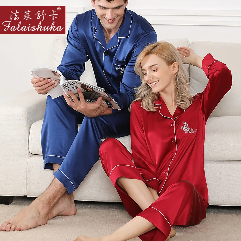 Silk Pajamas Set Women Red 2020 Spring Summer New Homewears Silk Stain Emboridery Couple Sleepwear For Women Ladies Pajama Set