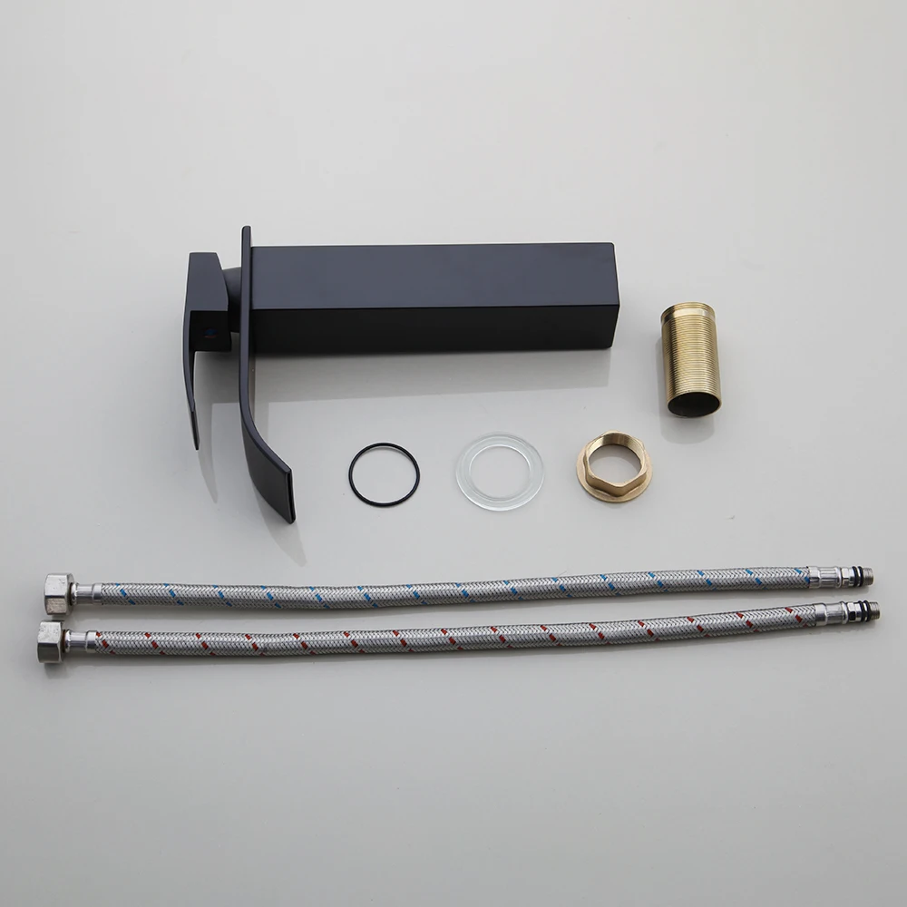 

Tempered Glass Hand Painted Waterfall Spout Basin Black Tap Bathroom Sink Washbasin Bath Brass Set Faucet Mixer Taps