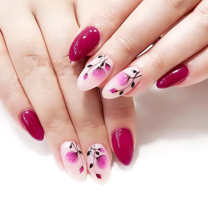 

2021 New 3D Nail Art Stickers Bohemia Pink Flowers Black Branch Image Nails Stickers for Nails Sticker Decorations Manicure