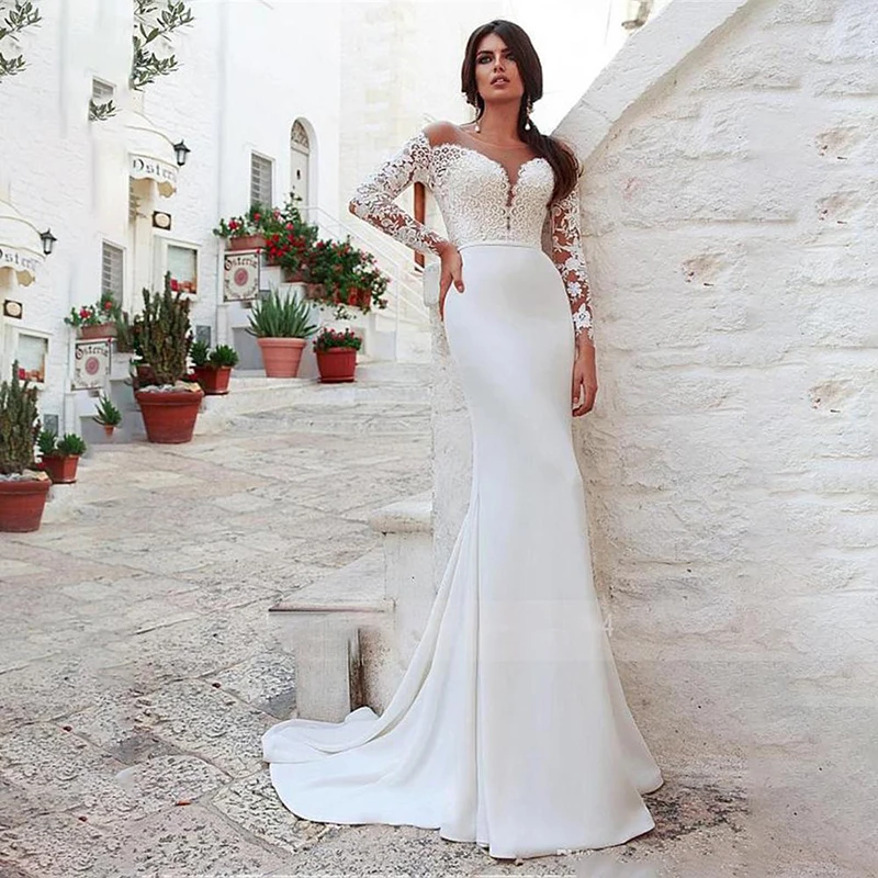 

MNGRL Wedding Dress Luxury Retro Bridal Dresses Long Sleeve One Word Collar Chiffon 3d Flower Plus Size Tail Bridal Dresses