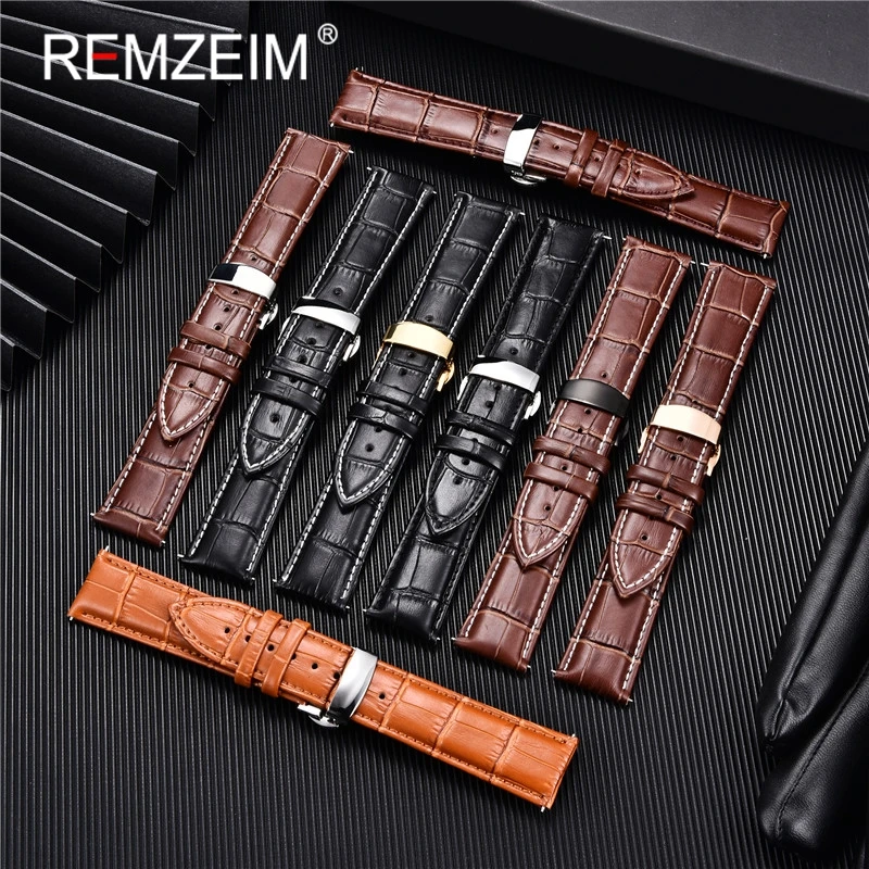 

REMZEIM Genuine Calfskin Leather Watchband 18mm 20mm 22mm 24mm Straps with Solid Automatic Butterfly Buckle Business Watch Band