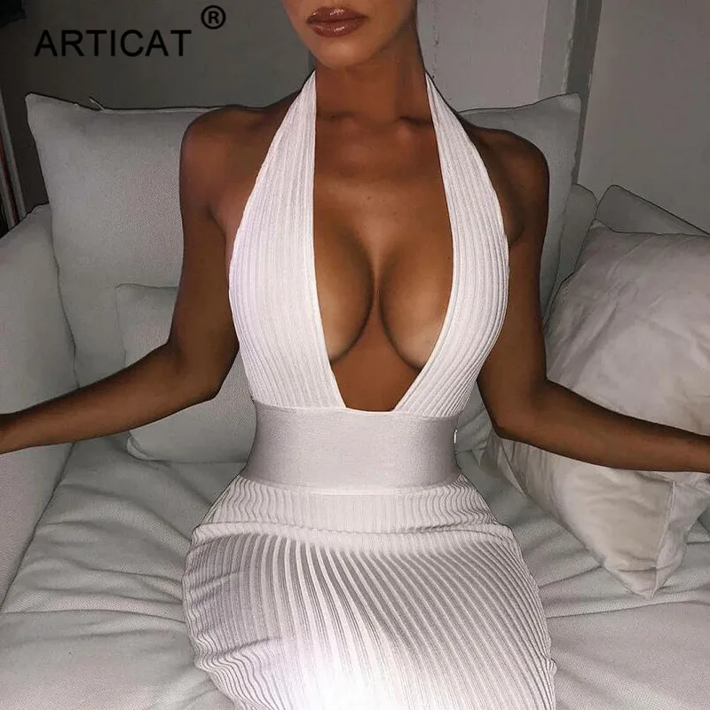 

Articat Halter Backless Sexy Knitted Pencil Dress Women White Off Shoulder Long Bodycon Party Dress Elegant Summer Dress 2020