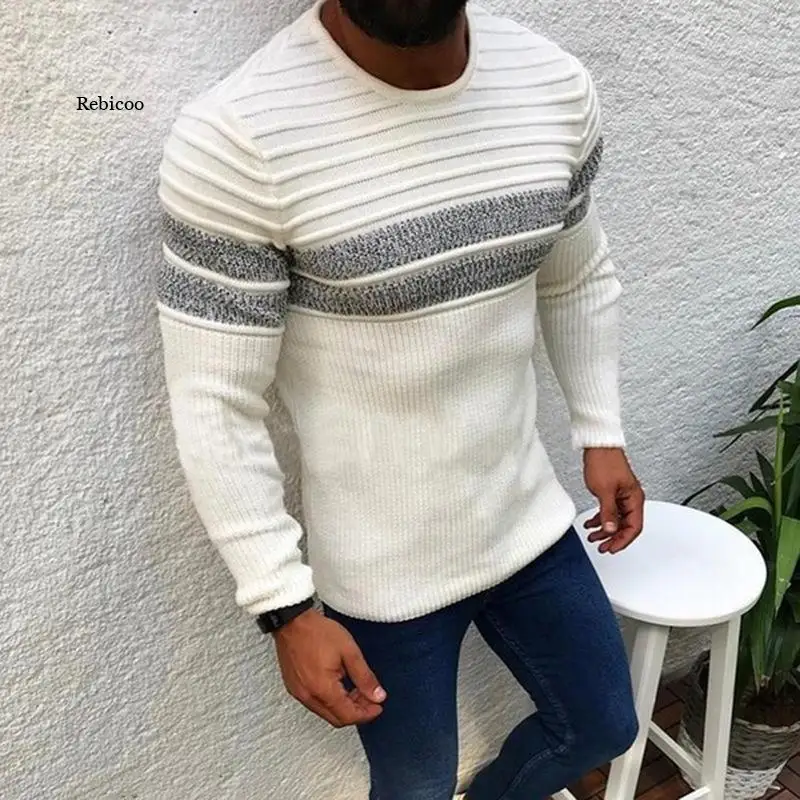 

2021 Fall Winter Men's Solid Color Pullover Crew Neck Dress Striped Pattern Long Sleeve Knit Pullover Men's Sweater