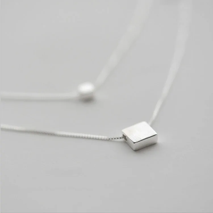 925 стерлингового серебра двойной Слои Square Cube кулон ожерелье геометрическое