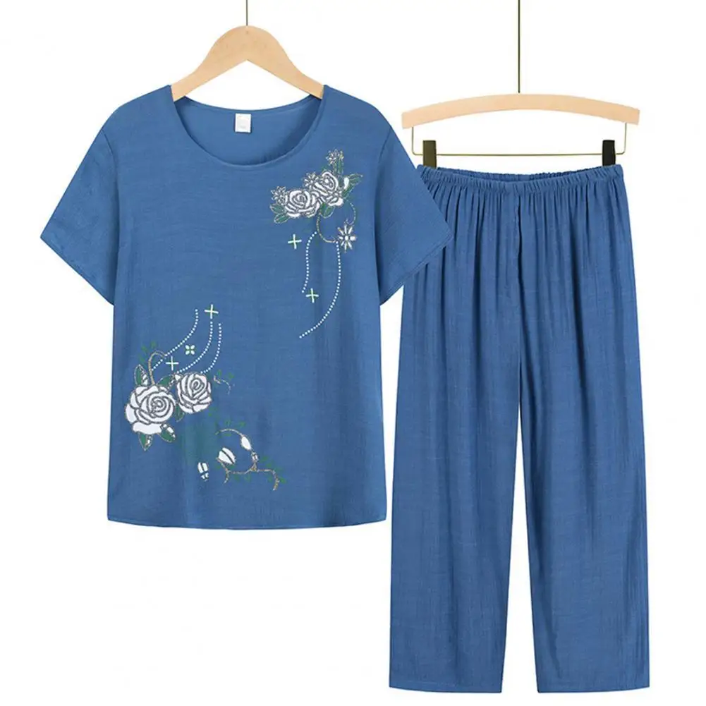 

Summer Women Homewear Set Short Sleeve Floral Print T-shirt Pants Loose Two Pieces Set Outfit for Middle-aged Домашний костюм