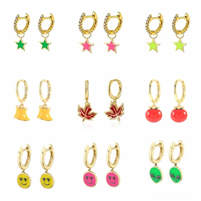 

AIDE Fashion 925 Sterling Silver Enamel Fruits Dangle Charm Hoops Earrings Aros Leaves Maple Cherry Circle Loops Piercing Clips