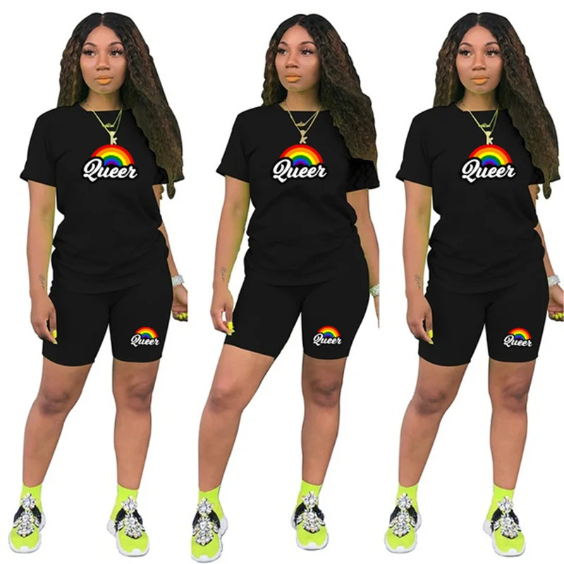 

2021 Summer Set Women Short Sleeve Top Biker Shorts High Waist Tight Leggings Print Fitness Suit Workout Sets Conjuntos De Mujer