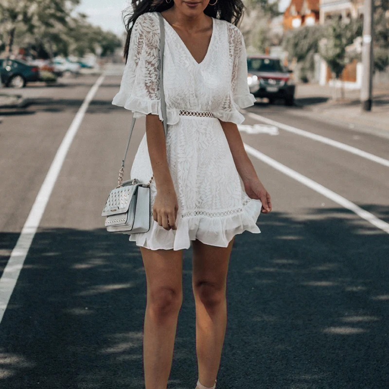 

SWEETKAMASummer Fashion Stitching Mid-Sleeve V-Neck Hollow Out Lace A-Line Mini Dress