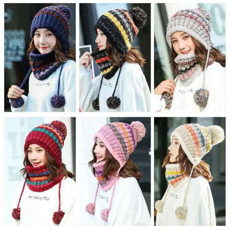 

Winter Womens Ladies Wooly Thick Knit Hat And Scarf Set knitted Woollen Warm