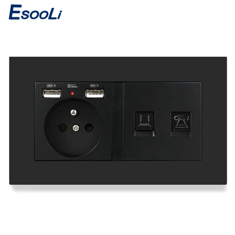 Пластиковая панельная розетка ESOOLI французский стандарт 2 USB-порта для зарядки RJ45