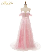 charming pearls pink evening dress 2020 long off shoulder evening gown lace up side sleeves elegant formal cheap prom dress